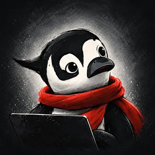 The channel's penguin in a red scarf, looking up from a laptop