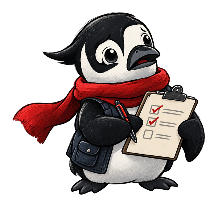 Fillmore, a penguin in a red scarf and a vest, holding a clipboard